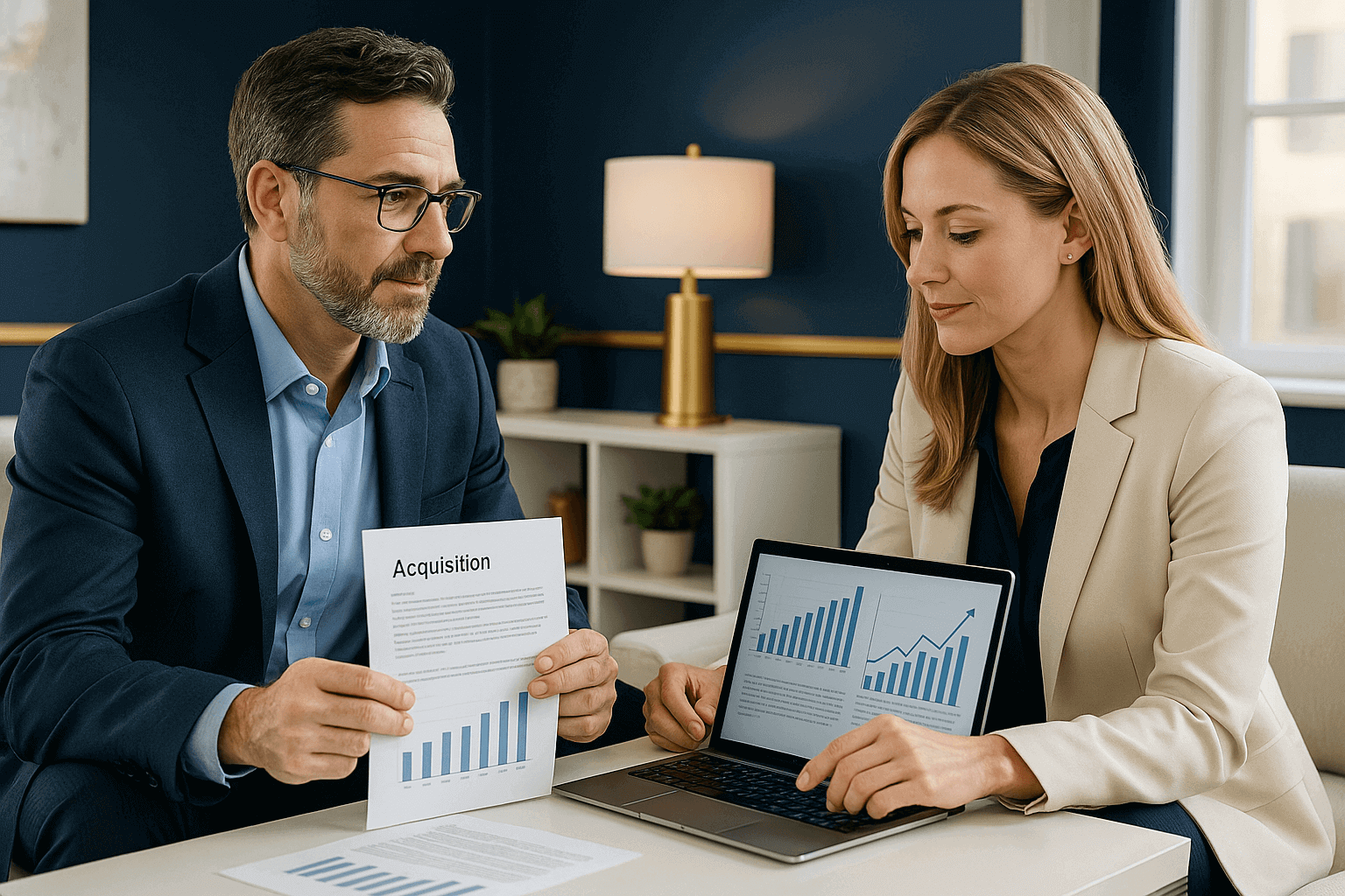 Business buyer discussing deal with advisor