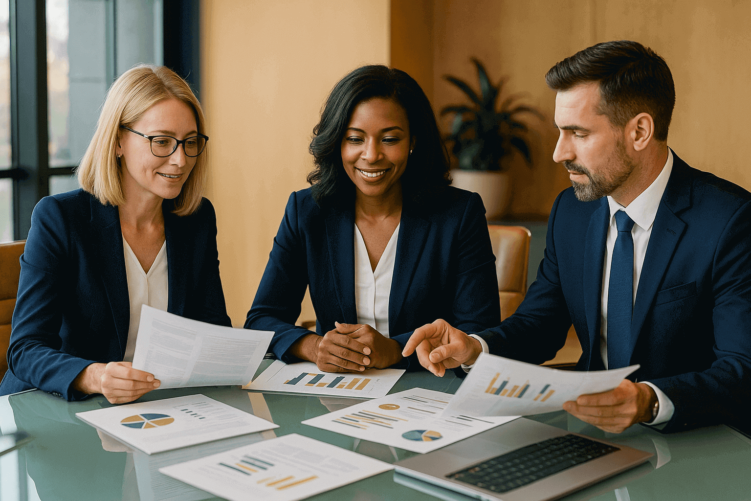 Business advisors consulting with a founder over growth and strategy documents