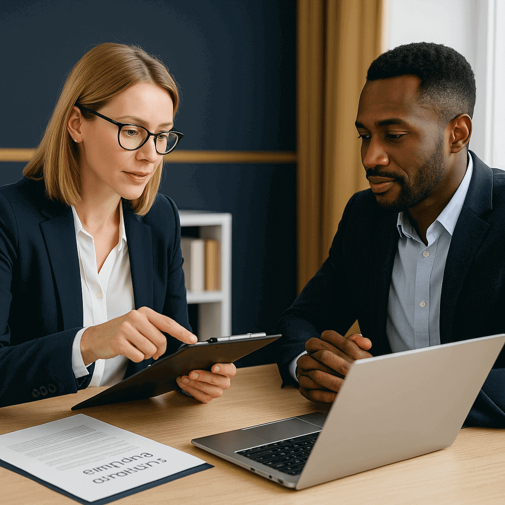 Business professionals reviewing legal terms and conditions in a corporate office